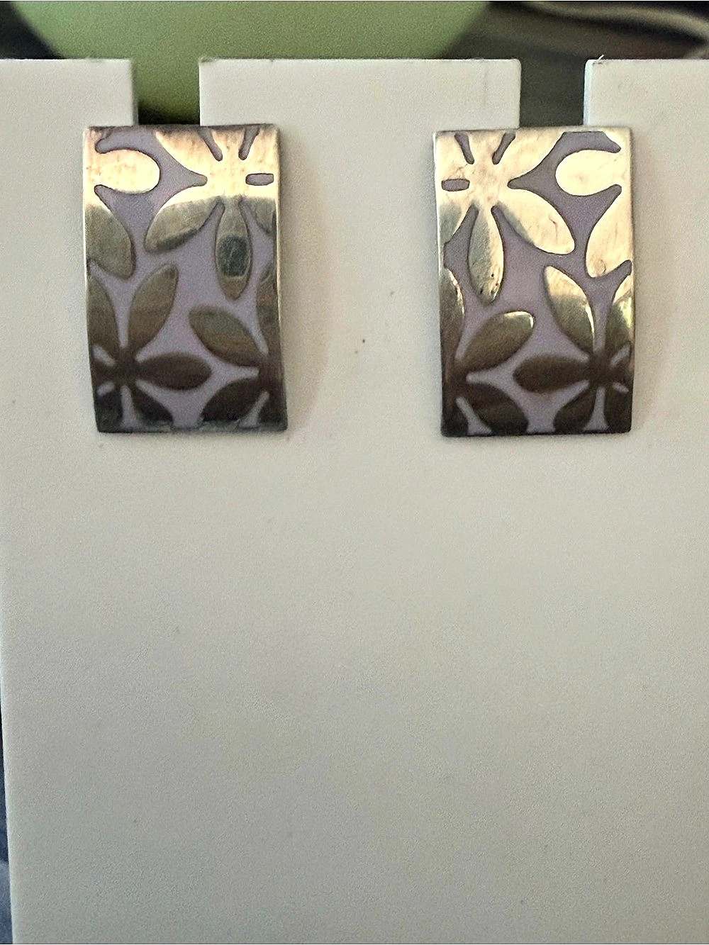 Vintage Sterling Silver Lavender Purple Floral Rectangle Earrings #367